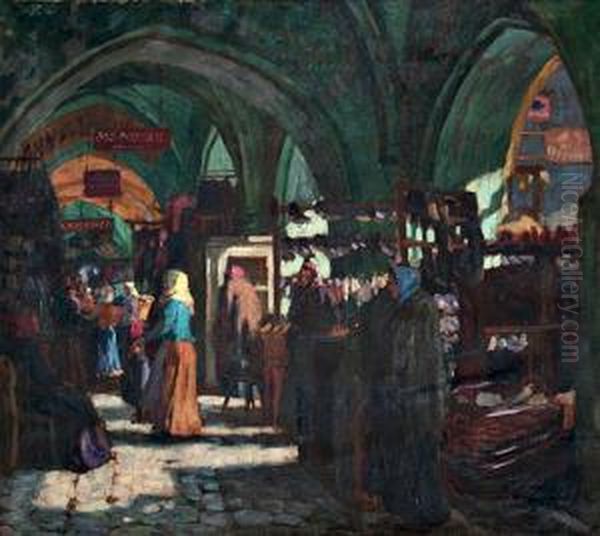 At The Market, Clearing Away Snow Oil Painting by Vaclav Maly