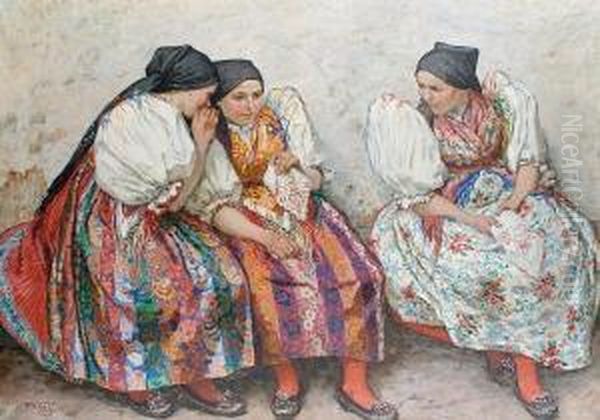 Three Girls In Traditional Dress Oil Painting by Vaclav Maly