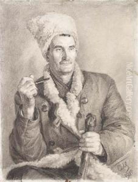 Portrait Of Man In A Shapka, With Pipe And Stick Oil Painting by Sergei Vasilievich Malyutin