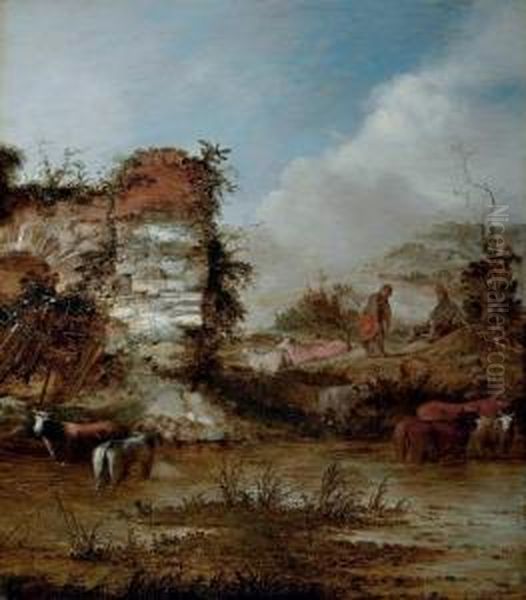 A River Landscape With Cattle Watering By A Ruin And Herdsmen Resting On The Bank Oil Painting by Jacobus Sibrandi Mancandan