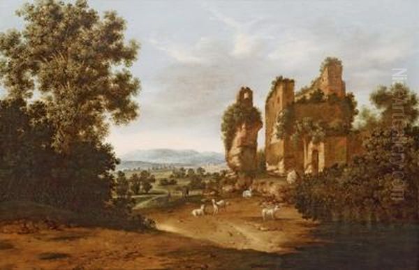 Io Con Rovine E Gregge Di Pecore Oil Painting by Jacobus Sibrandi Mancandan