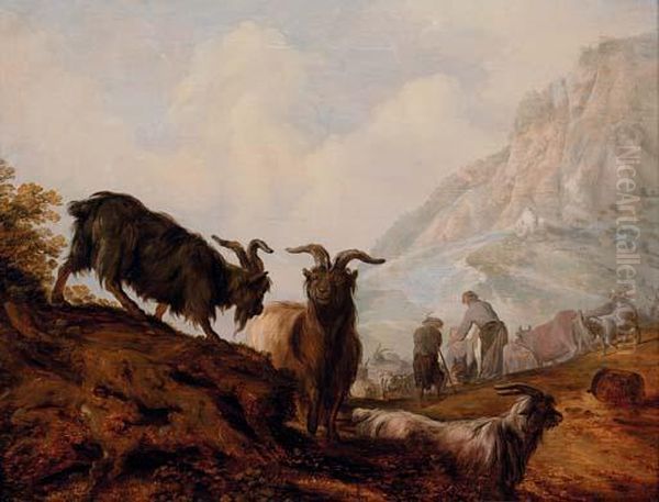 Peasants And Goats In A Mountainous Landscape Oil Painting by Jacobus Sibrandi Mancandan