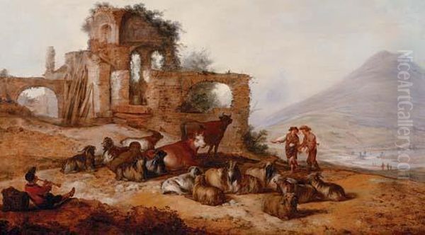 Peasants With Livestock By 
Classical Ruins In An Extensive Landscape, With A Youth Playing A Pipe 
In The Foreground Oil Painting by Jacobus Sibrandi Mancandan