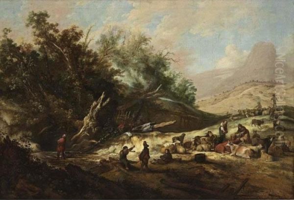 A Hilly Landscape With Shepherds And Their Herd Near A Stream Oil Painting by Jacobus Sibrandi Mancandan