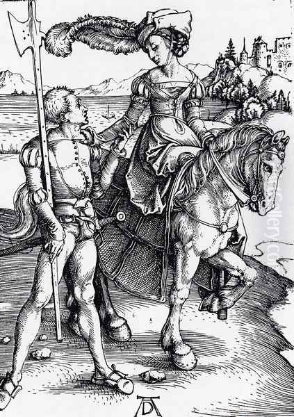 Lady On Horseback And Lansquenet Oil Painting by Albrecht Durer