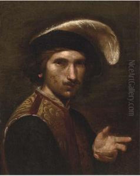 Portrait Of A Gentleman, Bust-length, Wearing A Feathered Cap Oil Painting by Bartolomeo Manfredi