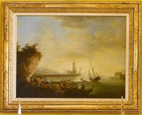 Fishermen With Boats Along The Shore Oil Painting by Adriaen Manglard