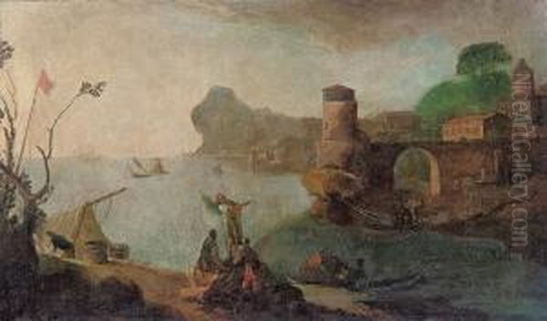 A Classical Harbour Scene Oil Painting by Adriaen Manglard