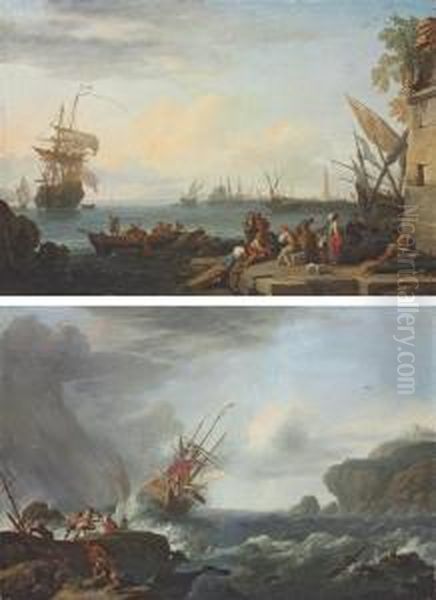 A Mediterranean Harbour With Sailors Loading A Boat Oil Painting by Adriaen Manglard