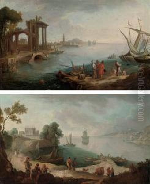 A Capriccio Of A Mediterranean Coastal Oil Painting by Adriaen Manglard