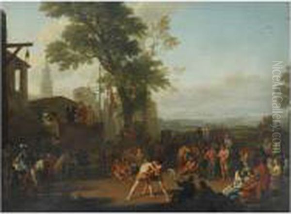 Scene De Lutte Sur La Place D'un Village Oil Painting by Adriaen Manglard