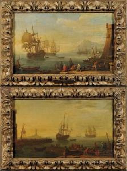 Lot Of Two Harbor Scenes. Oil Painting by Adriaen Manglard