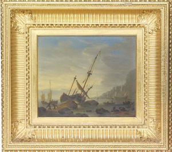 A Coastal Landscape With A Sailing Ship Run Aground Oil Painting by Adriaen Manglard