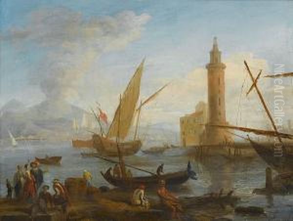 A Mediterranean Harbour With Elegant Figures On The Quay And Fishermen With Their Nets Oil Painting by Adriaen Manglard