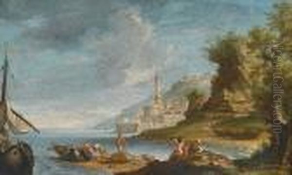 A Coastal Scene With Fishermen And A City In The Background Oil Painting by Adriaen Manglard