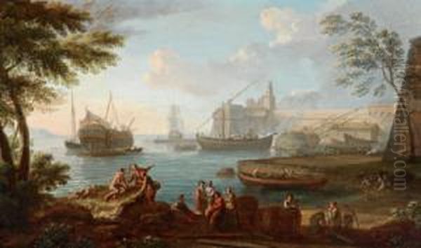 Porto Meridionale Con Navi E Vari Personaggi Oil Painting by Adriaen Manglard