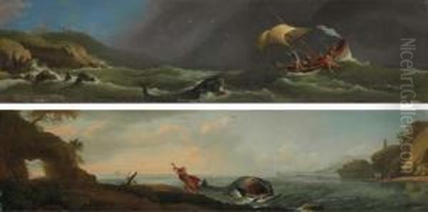 Jonah Thrown Overboard; And Jonah Released From The Whale Oil Painting by Adriaen Manglard