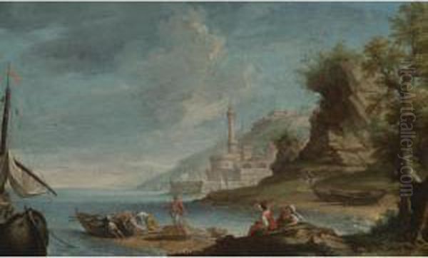 Harbor With Fishermen Putting Out Oil Painting by Adriaen Manglard