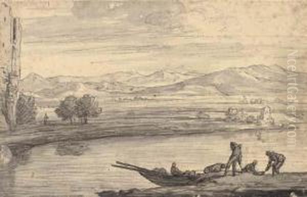 An Italianate Landscape With Boatmen On A River Oil Painting by Adriaen Manglard