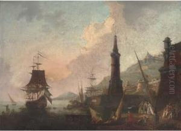 A Mediterranean Harbour With 
Elegant Company And Merchants By A Lighthouse, Shipping Beyond Oil Painting by Adriaen Manglard