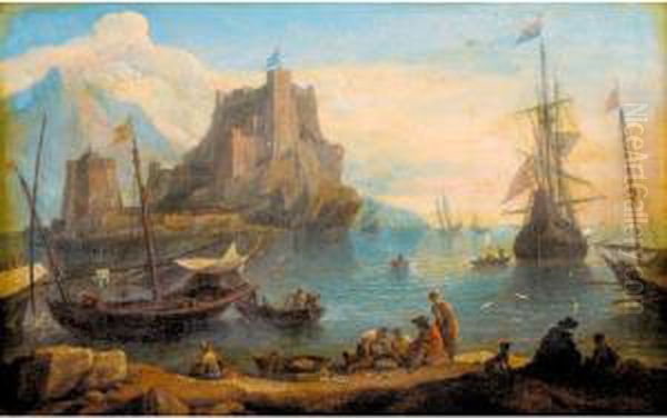 A Mediterranean Harbour Scene With Fishermen Unloading Their Catch Oil Painting by Adriaen Manglard