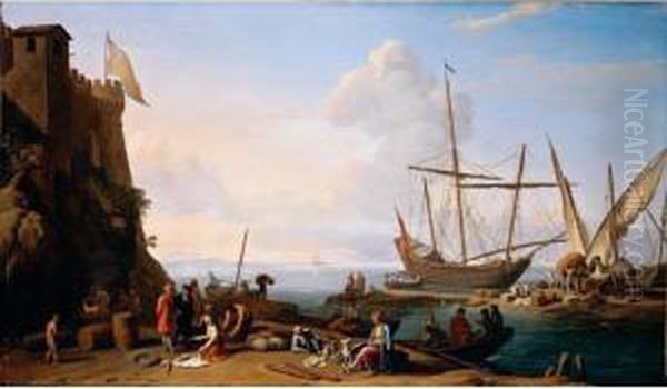 Mediterranean Harbour Scene With Merchants Selling Their Wares On The Quay Oil Painting by Adriaen Manglard