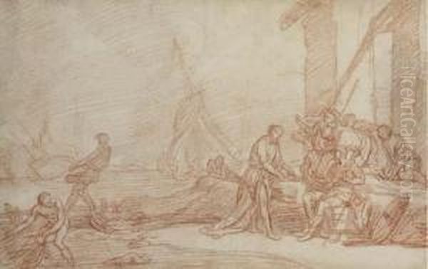 Des Figures Dans Un Port Oil Painting by Adriaen Manglard