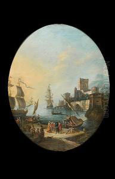 A Mediterranean Harbour With 
Elegant Figures And Stevedores On A Quay, Moored Shipping Beyond Oil Painting by Adriaen Manglard