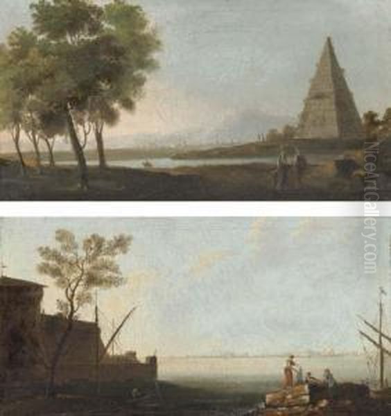 A Mediterranean Coastal Inlet 
With Fishermen By The Shore; And Ariver Landscape With Figures In The 
Foreground, A Pyramidbeyond Oil Painting by Adriaen Manglard