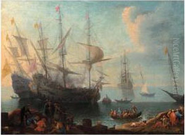 View Of A Mediterranean Harbour Oil Painting by Adriaen Manglard