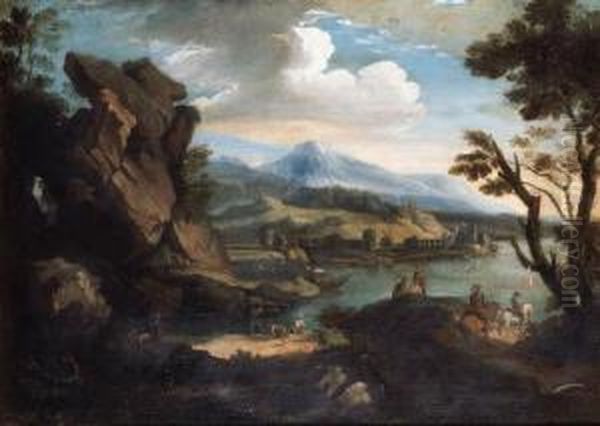 A Coastal Landscape With Figures By A Rocky Inlet, A Fortified Townbeyond Oil Painting by Adriaen Manglard