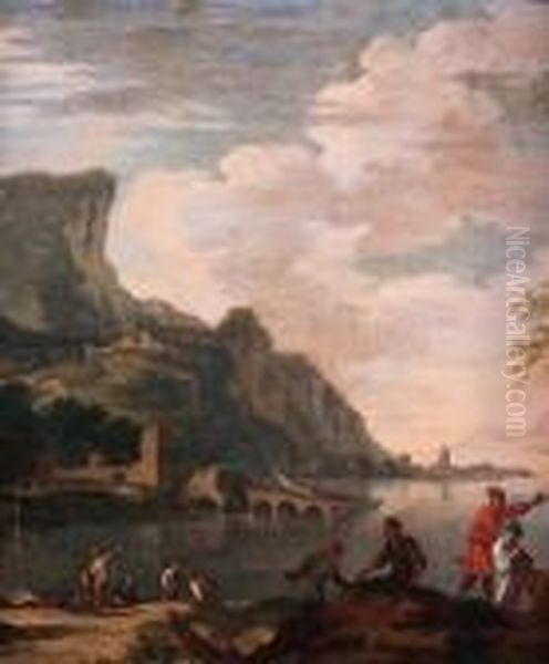 Fishermen In A Mediterranean Port Oil Painting by Adriaen Manglard