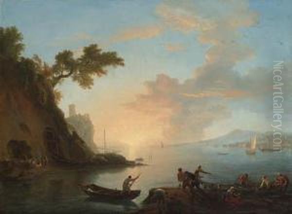 Neapolitan Coastal Views With A Dutch Warship And Fishermen In Aharbour Oil Painting by Adriaen Manglard