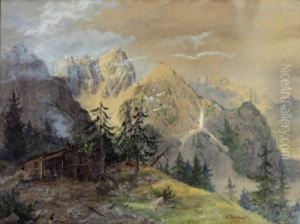 Gebirgslandschaft Mit Hutte Oil Painting by Eduard Manhart