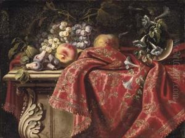 Grapes On The Vine, Plums, Apples, Morning Glory On A Gold And Red Embroidered Tapestry Oil Painting by Carlo Manieri