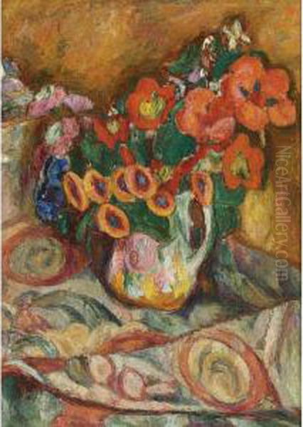 Flowers On A Floral Tablecloth, Circa 1930 Oil Painting by Abraham Manievich