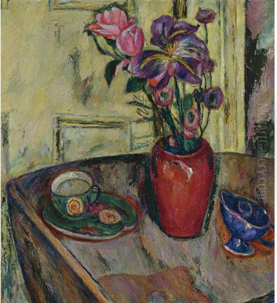 Flowers In A Red Vase Oil Painting by Abraham Manievich