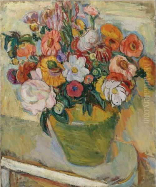 Flowers On A White Table Oil Painting by Abraham Manievich