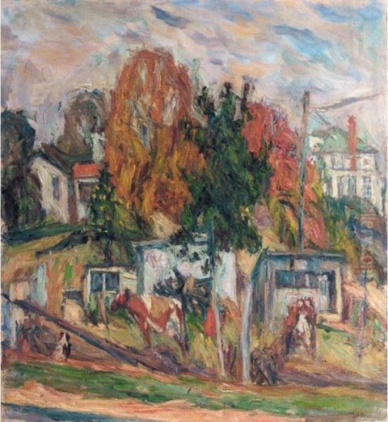 Village In Autumn, With City Street Painted On Reverse Oil Painting by Abraham Manievich