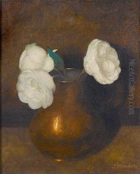 Still Life Of Camellias In A Copper Pot Oil Painting by Jan Mankes