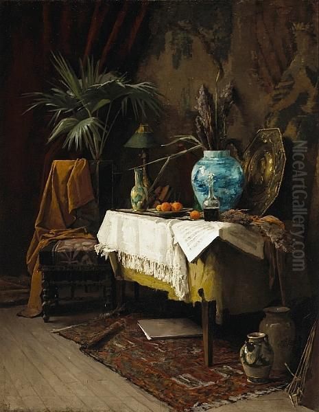 An Interior With A Still Life Of
 An Oriental Vase, Oranges, A Carafe Of Wine And A Sheet Of Music On A 
Table Oil Painting by Alexander Mann