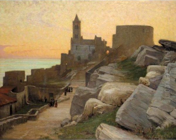 Mediterranean Village At Sunset Oil Painting by Alexander Mann