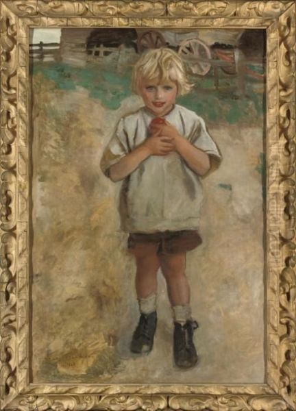 A Young Boy With An Apple Oil Painting by Harrington Mann