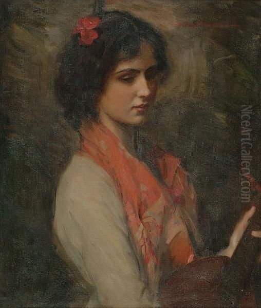 Study Of A Young Woman With A Mandolin Oil Painting by Harrington Mann