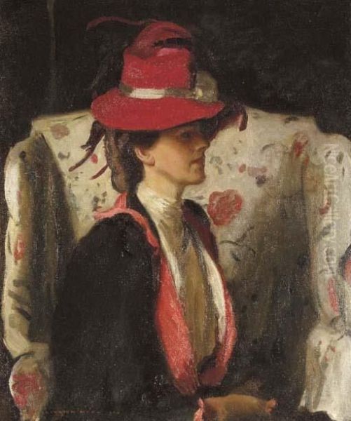 Seated Lady Wearing A Red Feathered Hat Oil Painting by Harrington Mann