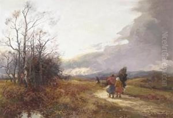 An Autumnal Landscape With Rustics Gathering Wood Oil Painting by William Manners