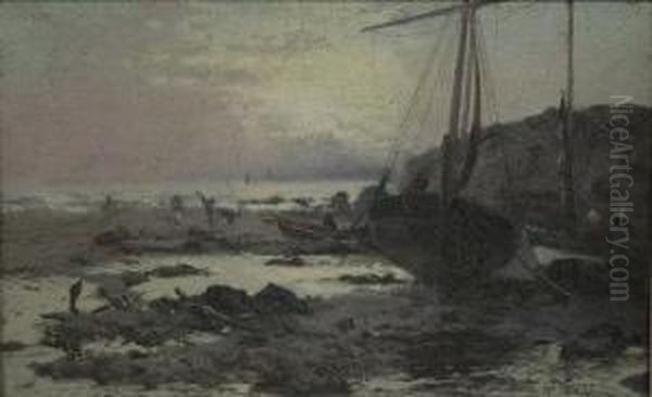 Beached Fishing Boat And Figures
 On The Shoreline At Low Tide; Figures Beside A River At Dusk Oil Painting by William Manners