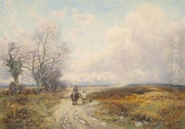 Travellers On A Country Lane, A Moorland Landscape Beyond Oil Painting by William Manners