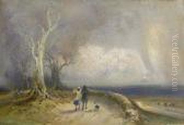 Gathering Storm With Figures Walkingalong A Path Oil Painting by William Manners