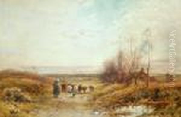 Autumnal Scene With Figures And Animals On A Country Lane Oil Painting by William Manners